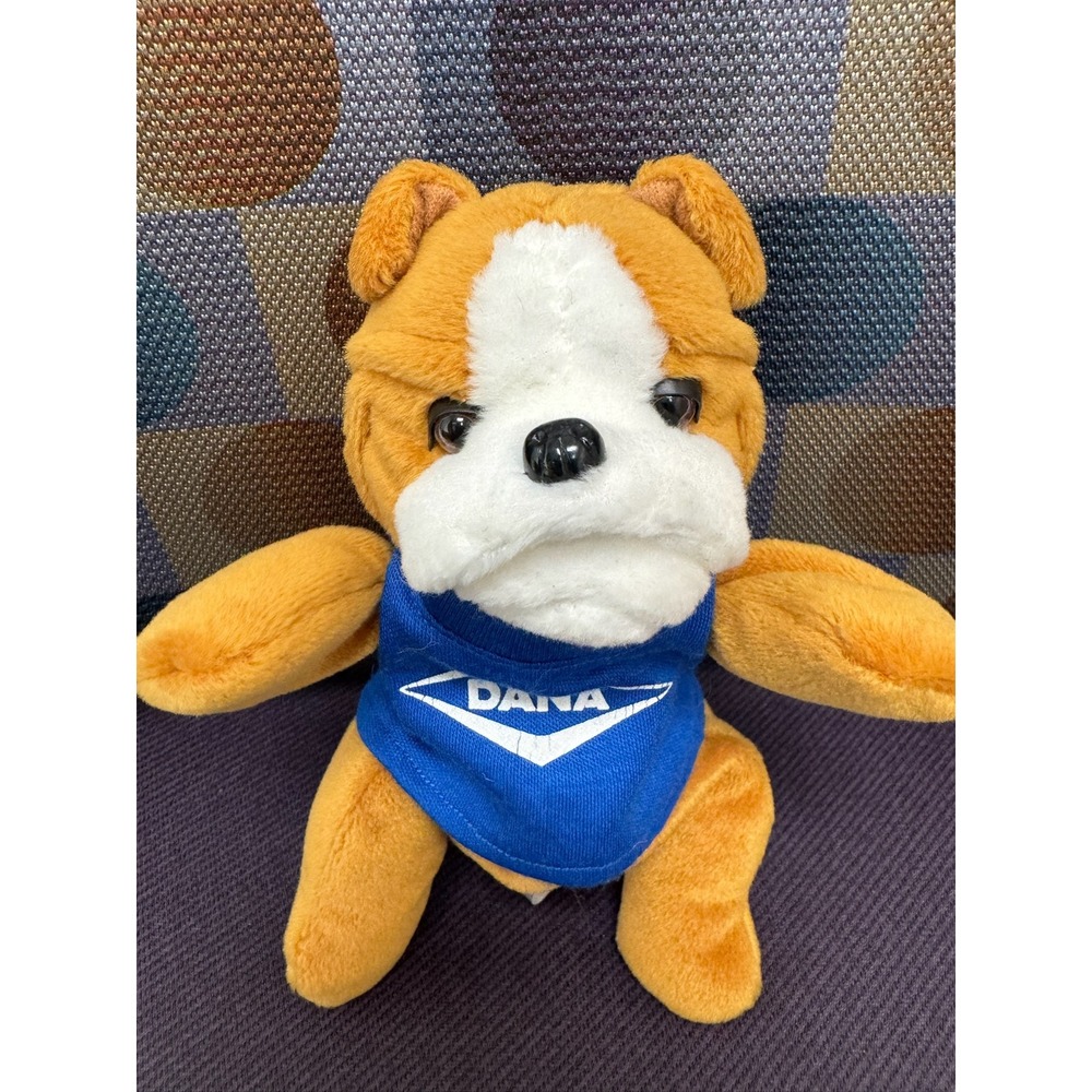 Vintage Dana Corporation Bulldog Plush Stuffed Animal Blue Branded Shirt Brown